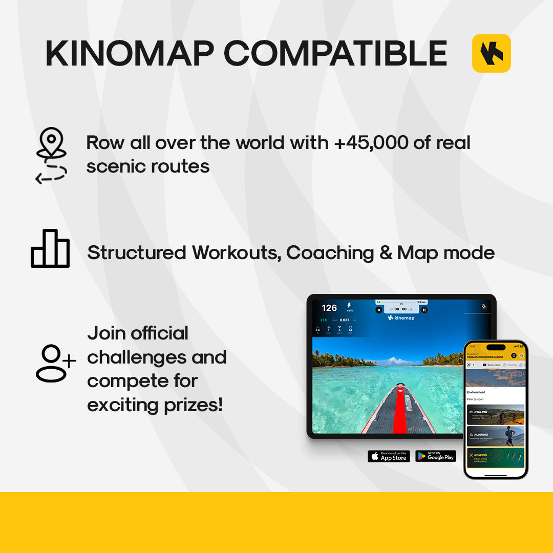KingSmith – série de rameurs compatible avec Kinomap.
Utilisée avec Kinomap, elle permet un entraînement plus structuré et plus efficace.